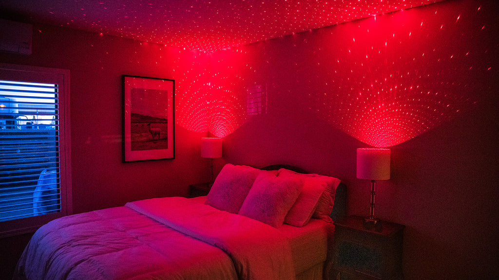 bedroom with red lights