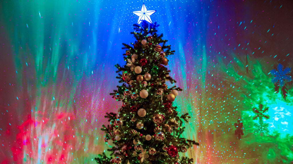 christmas tree with colorful laser galaxy lights