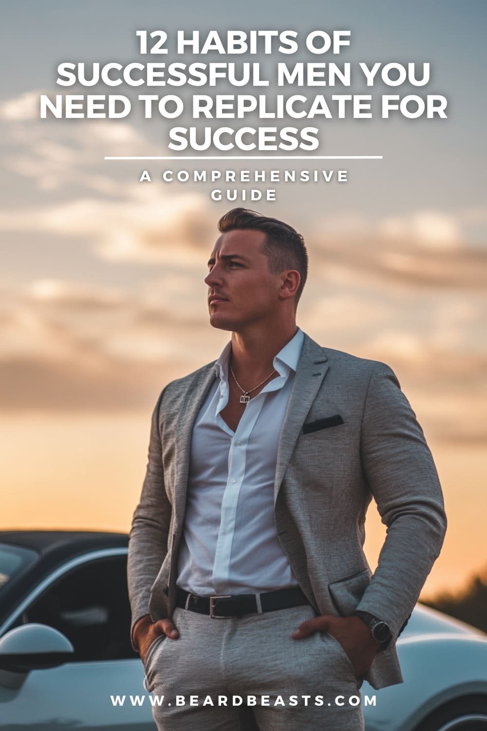 A well-dressed man in a grey suit stands confidently beside a car, with a sunset in the background. The bold title above him reads '12 Habits of Successful Men You Need to Replicate for Success.' This image promotes a comprehensive guide on adopting key habits for achieving success, such as confidence, discipline, and ambition.