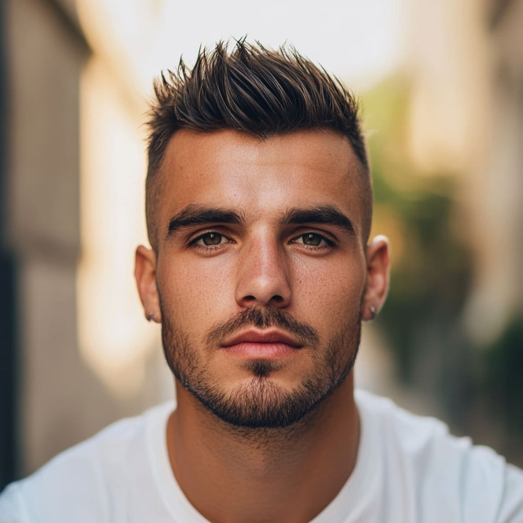 A close-up portrait of a handsome young man with a diamond face shape and a faux hawk hairstyle. His hair is styled with lifted volume in the center, giving a bold, edgy look that draws attention to the top and elongates his face for a balanced appearance. The sides are closely trimmed, keeping the focus on the textured middle section without adding width, which complements his prominent cheekbones and angular jawline. Set against a softly blurred background, the image highlights his confident expression and stylish haircut.