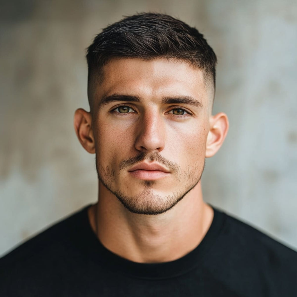 A close-up portrait of a handsome young man with a diamond face shape wearing a classic crew cut hairstyle. His hair is cut short and tidy, with slightly more length on top, adding a hint of height that balances his prominent cheekbones and angular jawline. The closely trimmed sides keep the focus on his facial structure, enhancing his strong, defined features. Set against a neutral, softly blurred background, this low-maintenance, polished hairstyle perfectly complements his confident and modern look.