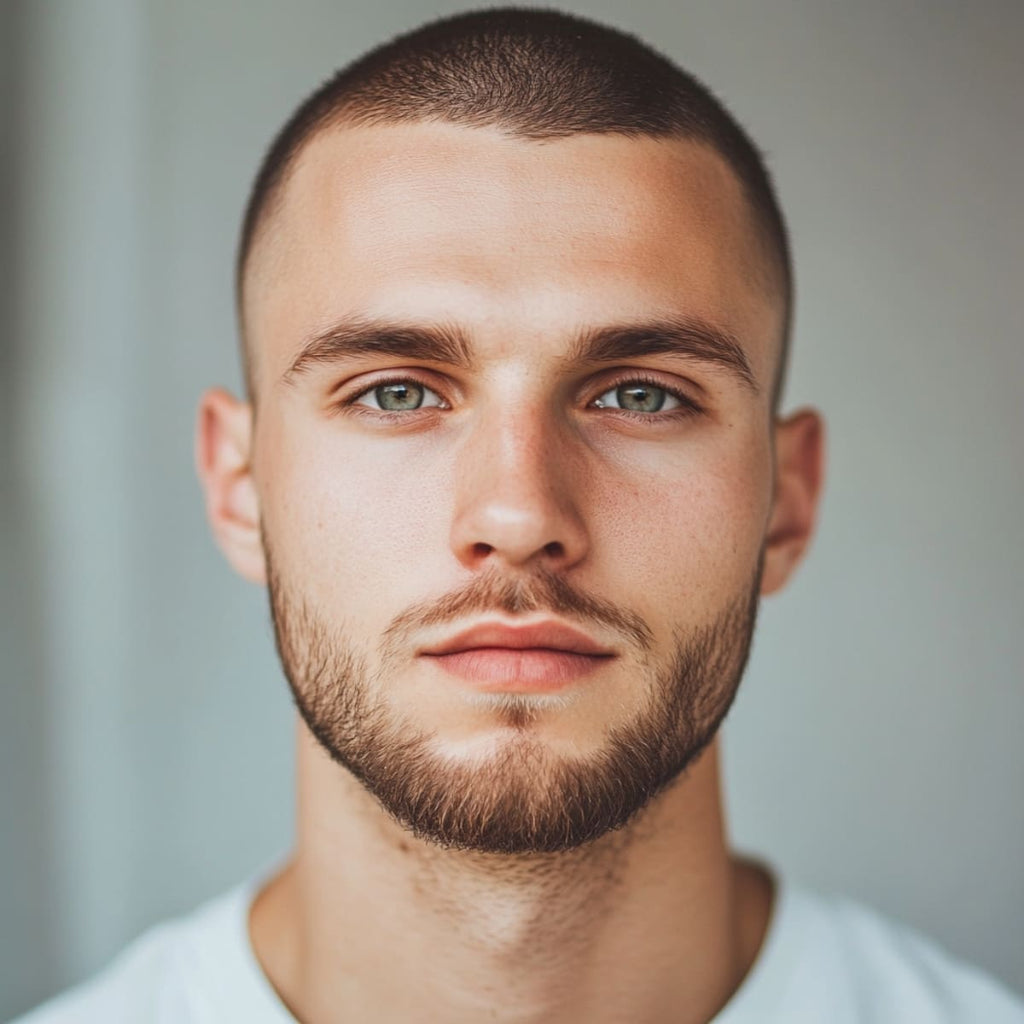 A close-up portrait of a young man with a buzz cut hairstyle, emphasizing his well-defined jawline and facial structure. His hair is closely cropped, giving him a clean and minimalist look that highlights his sharp cheekbones and strong features. He has a light, neatly groomed beard that adds a touch of balance to his angular face, creating a refined and polished appearance. The softly blurred background keeps the focus on his face, enhancing the simplicity and confidence of his style.