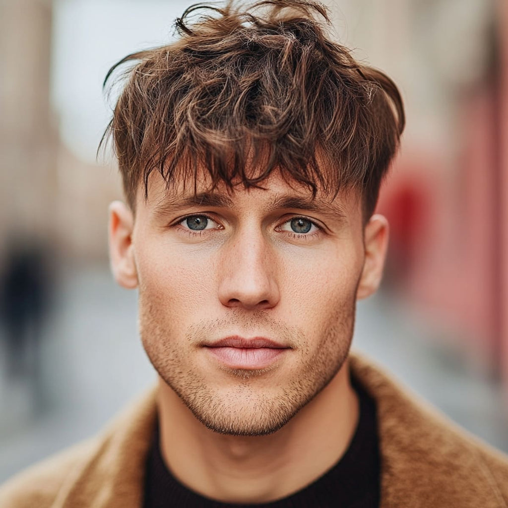 A close-up portrait of a young man with a textured fringe hairstyle, which adds a casual, youthful vibe to his look. His hair falls loosely over his forehead, softening his angular features and drawing attention to his eyes. The tousled fringe creates a relaxed, effortless appearance that complements his defined jawline and prominent cheekbones. The softly blurred urban background adds depth to the image, emphasizing his confident yet approachable style.