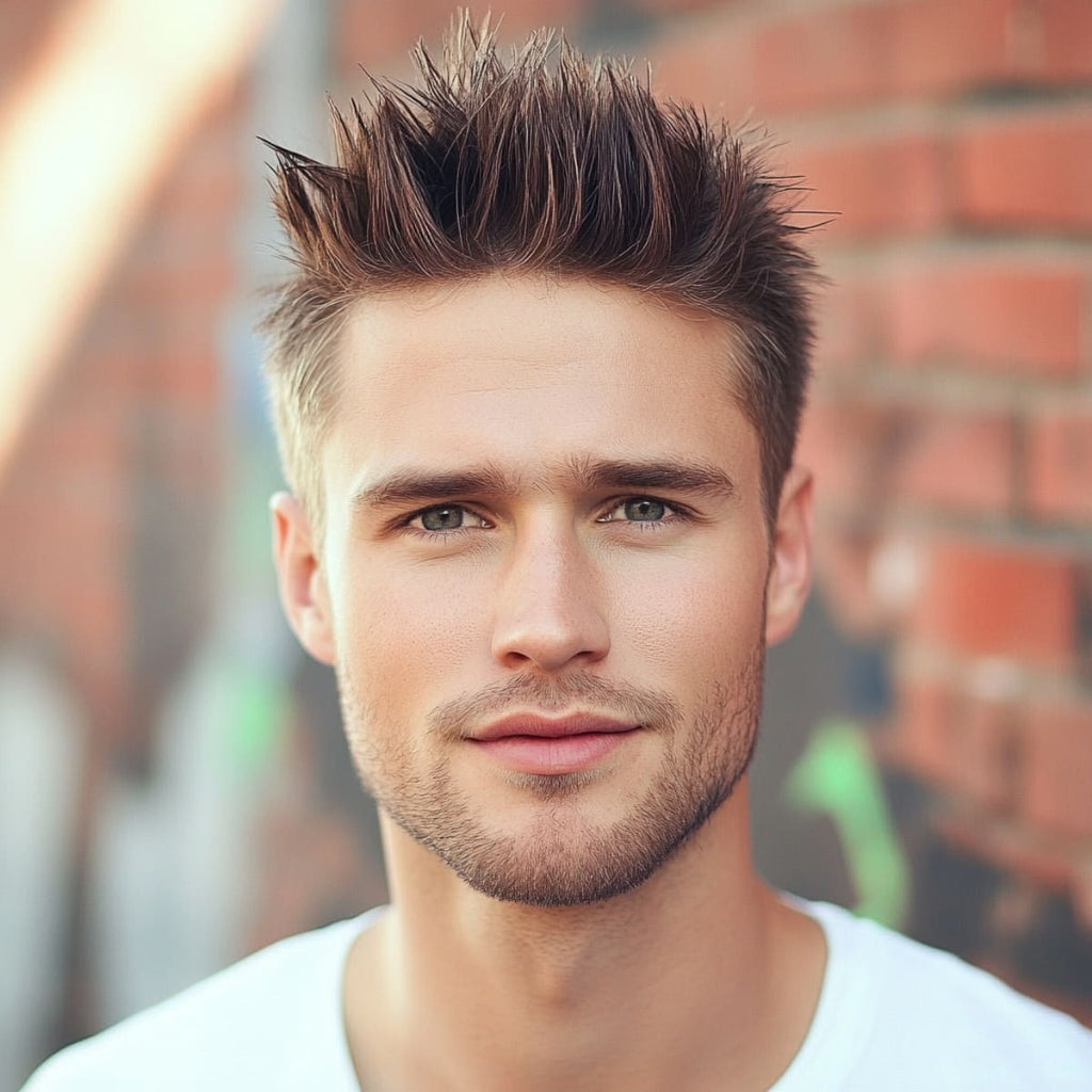 A close-up portrait of a young man with a short spiky hairstyle, showcasing a playful and textured look. His hair is styled upwards with defined spikes, adding height and a dynamic feel to his appearance. The clean cut around the sides complements his strong jawline and balanced facial structure, while his slight stubble gives him a casual yet polished vibe. Set against an urban brick wall backdrop, the image highlights his confident and fresh style.