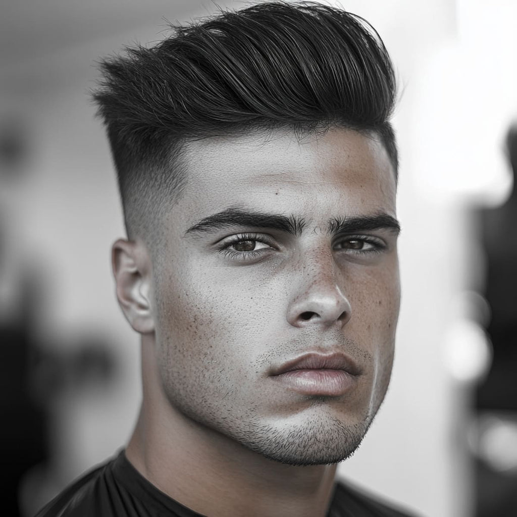 A close-up portrait of a young man with a diamond face shape, featuring a high fade with a long top hairstyle. His hair is styled with extra length on top, creating volume and pulling attention upward, which balances his prominent cheekbones and angular jawline. The high fade on the sides enhances the structure of his face, narrowing the sides and highlighting his strong facial features. Set against a softly blurred background, the image showcases his confident expression and edgy, modern haircut.