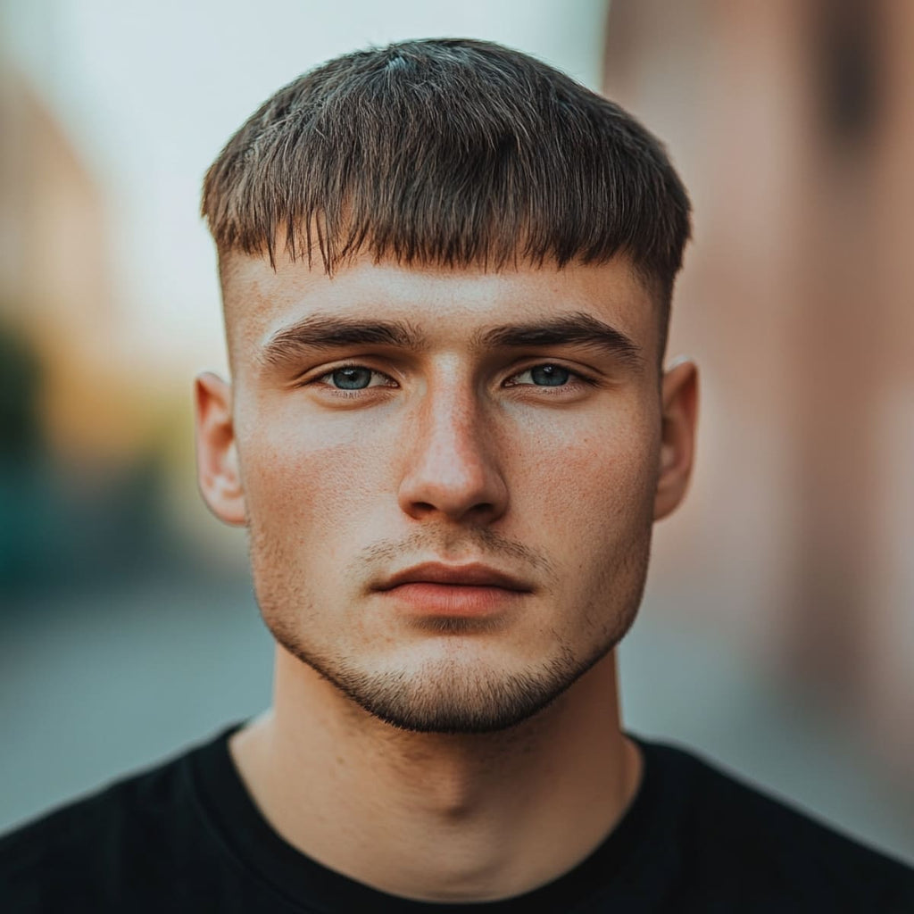 A close-up portrait of a young man with a Caesar cut hairstyle, ideal for diamond face shape hairstyles for men. His hair is cropped short with horizontal bangs across the forehead, adding width to the upper part of his face and balancing his prominent cheekbones and defined jawline. The cut is clean and structured, creating a timeless and effortlessly sharp look that suits his angular features. Set against a softly blurred urban background, the image emphasizes his low-maintenance yet stylish appearance.