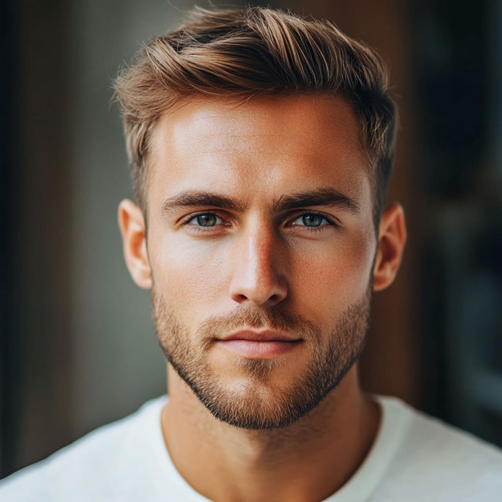 A close-up portrait of a handsome 30-year-old man with a refined Ivy League haircut. His hair is neatly styled with a slight side part, adding a polished and sophisticated touch that complements his strong cheekbones and well-defined jawline. His face is symmetrical with a balanced structure, creating a clean, professional appearance that suits both formal and casual settings. The background is softly blurred, drawing attention to his striking facial features and classic, well-groomed hairstyle.