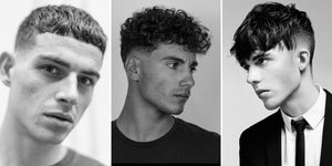 Three stylish fringe haircuts for men in 2024: A short textured fringe with a fade on the left, a curly fringe with volume in the center, and a sleek, side-swept fringe with a sharp undercut on the right.