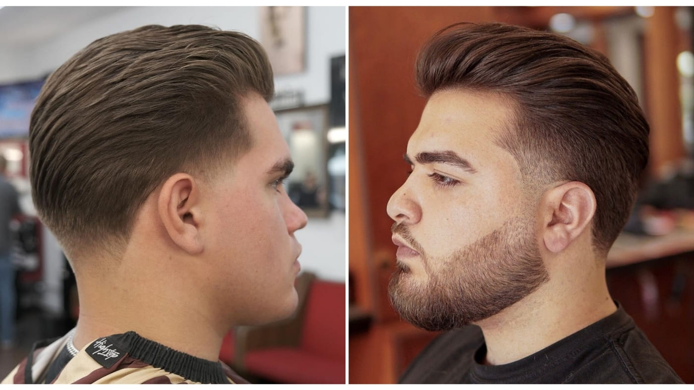 Two men showcasing stylish tapered slick back haircuts. The left features a smooth, sleek taper with a neat finish around the neckline, while the right shows a fuller, voluminous slick back with a well-groomed beard, highlighting the versatility of this classic look.