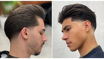 Side-by-side images of two men rocking stylish tapered slick back haircuts. 