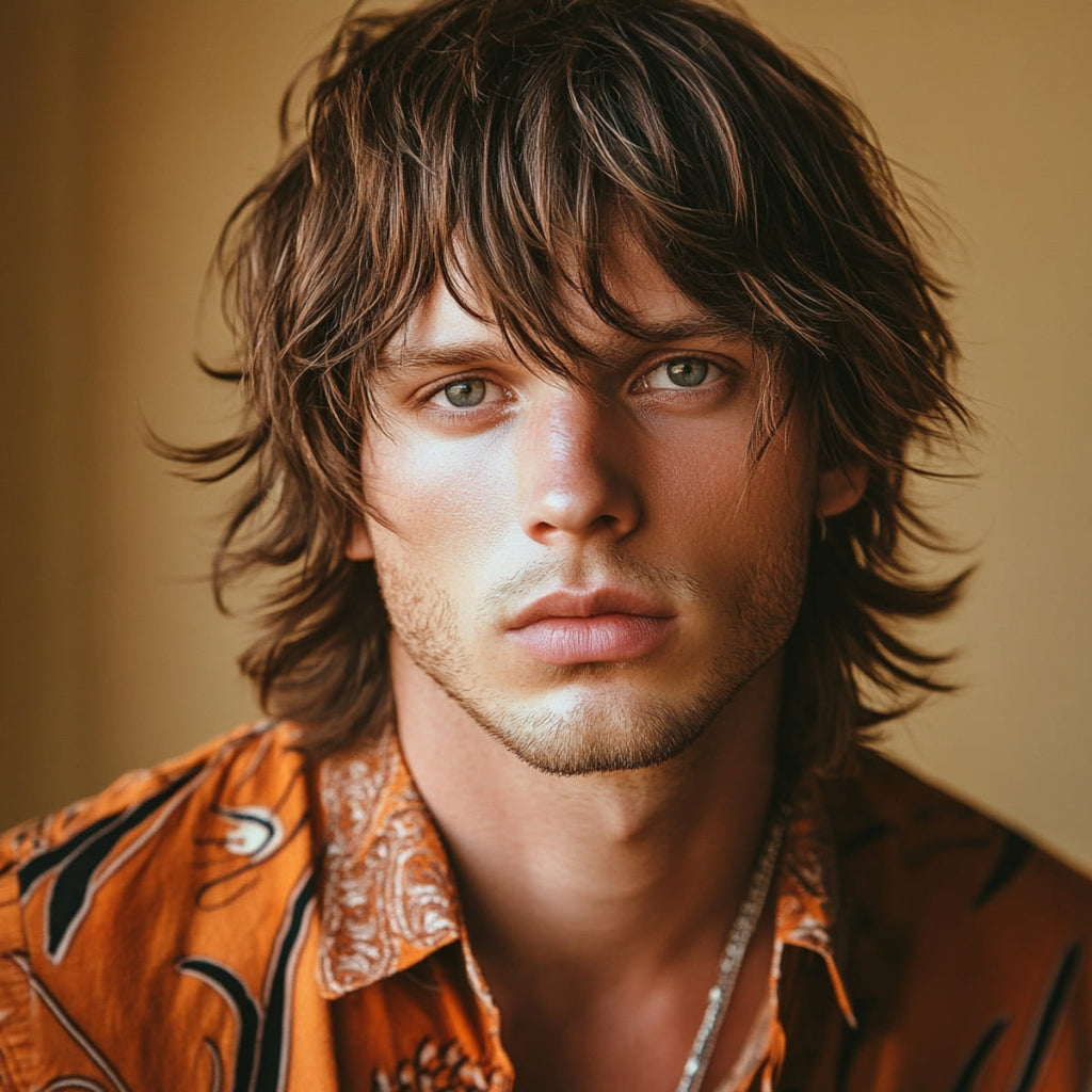 Portrait of a young man with a classic shag hairstyle, featuring tousled layers and textured bangs that frame his face. Dressed in a patterned vintage-style shirt, he exudes a relaxed, retro vibe. The soft background highlights his striking features and the timeless appeal of a 70s-inspired look.