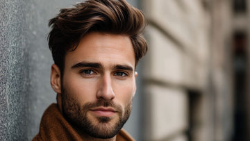  A young man with a stylish layered haircut for men, featuring voluminous, side-swept hair.