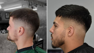 Side-by-side comparison of two men showcasing stylish bald drop fade haircuts. 