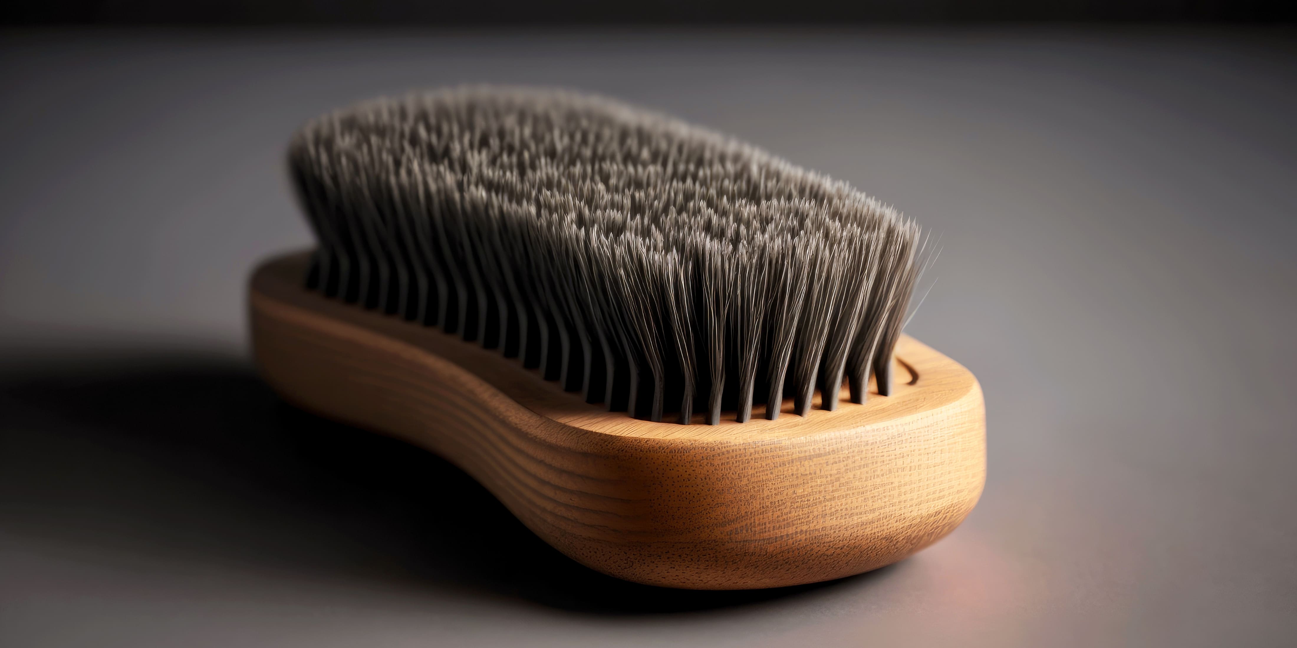 Close-up of a beard brush with a wooden handle and soft bristles. Ideal for daily beard grooming and maintenance. Beard comb vs beard brush comparison for optimal beard care.