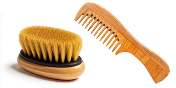 Comparison of a beard brush with boar bristles and a wooden beard comb. Ideal for understanding the differences in the beard comb vs beard brush debate.