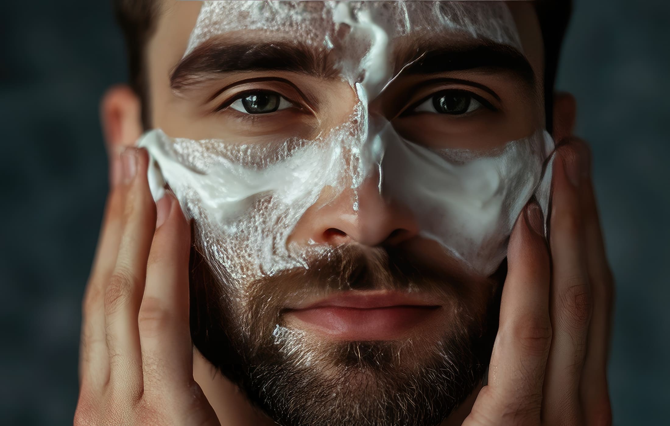 Close-up of a bearded man applying a facial cleanser, massaging the foamy product into his skin. His focused expression highlights the importance of a skincare routine for maintaining a fresh and healthy appearance.