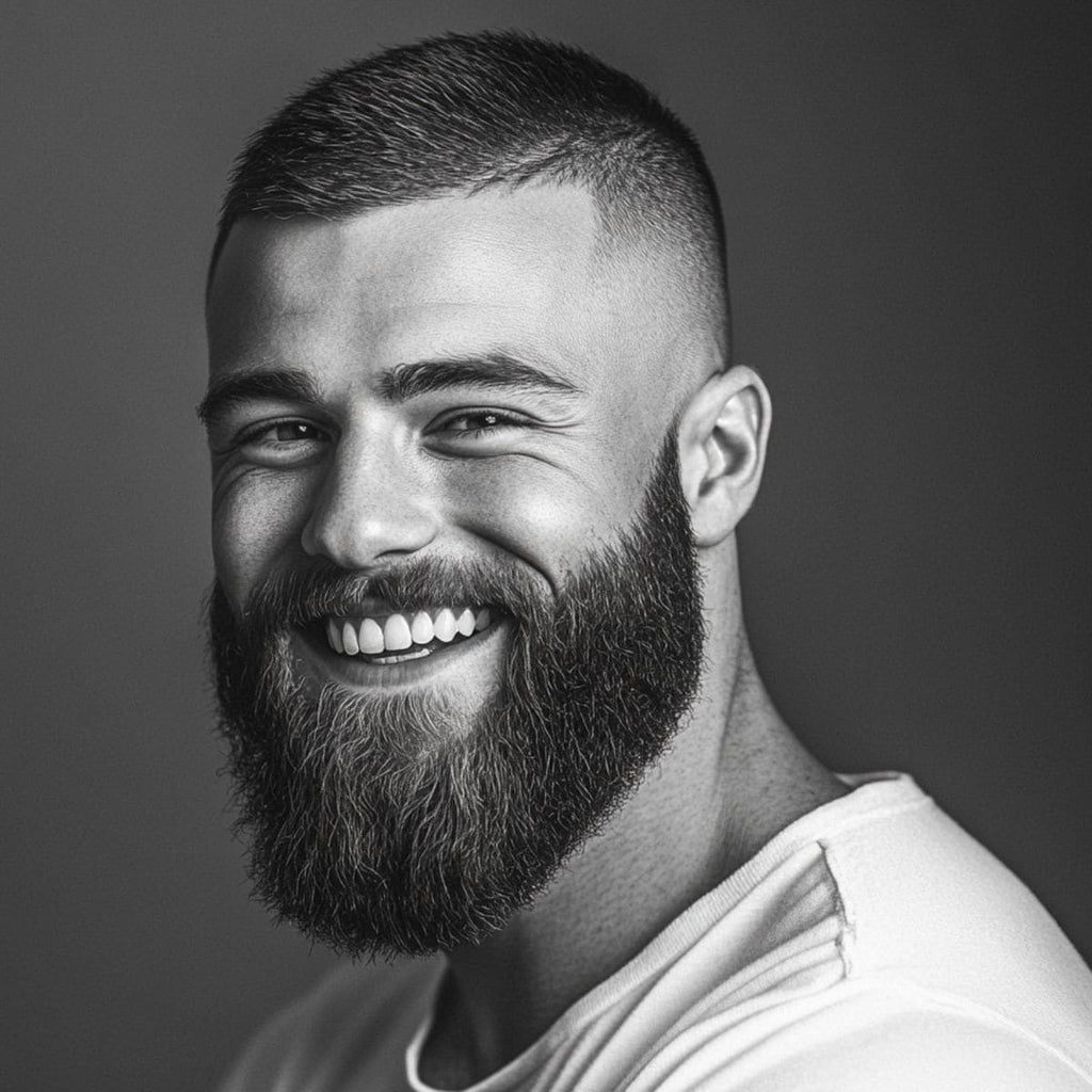 A black-and-white portrait of a smiling man with a high skin fade and a buzz cut, paired with a full, neatly groomed beard. He is dressed in a casual white t-shirt, and the lighting highlights his sharp features and textured hair. The man’s confident expression and clean look make for a striking, modern image. The soft background keeps the focus on his face and haircut.