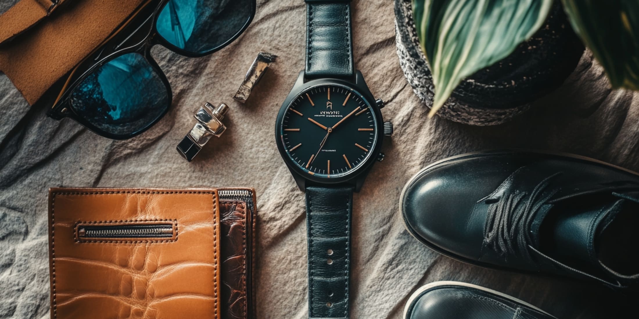 This image showcases a neatly arranged collection of men's accessories, perfect for adding those final touches to any outfit. The layout includes a stylish black leather watch, a pair of sleek sunglasses, a brown leather wallet, black dress shoes, and a small bottle of cologne. These essentials highlight the importance of accessories in completing a polished look, as emphasized in men's fashion tips for beginners. With their neutral tones and classic designs, these items can easily elevate any wardrobe, blending both style and practicality.