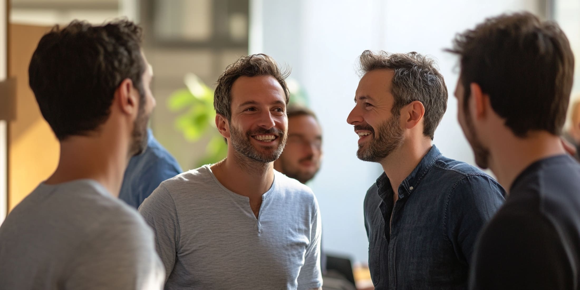 A group of men engaging in a lively conversation, smiling and networking in a relaxed, social setting. This image represents the importance of building relationships and networking, key habits of successful men, showcasing how expanding professional connections can lead to personal and career growth.