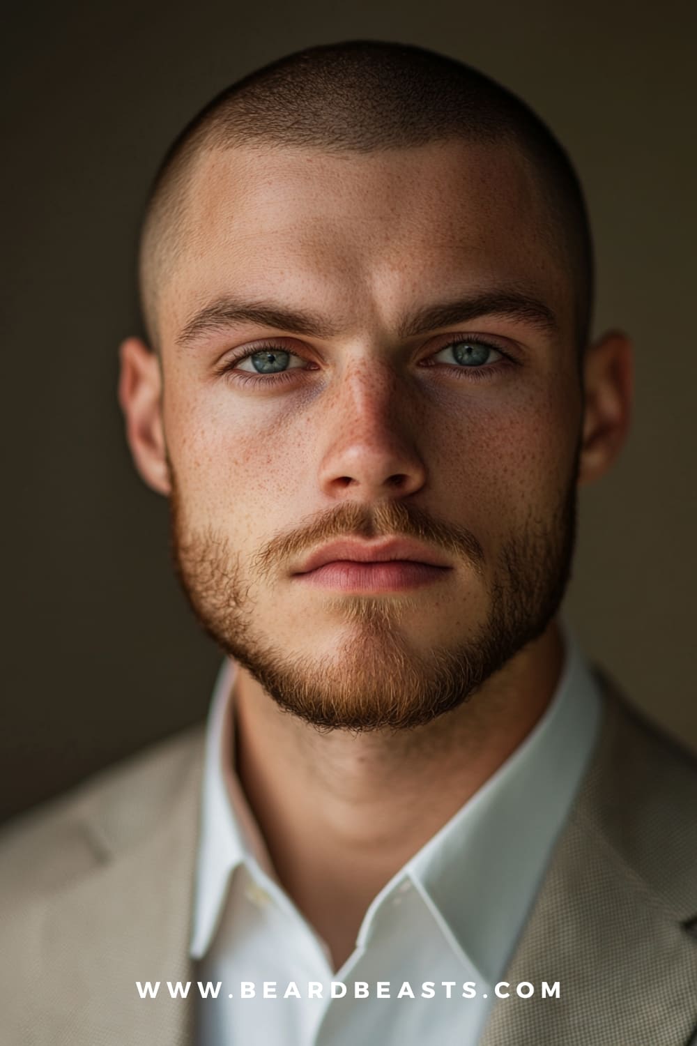 The buzz cut highlights the sharp facial features and a strong jawline, offering a clean and minimalist look that emphasizes masculinity and confidence.