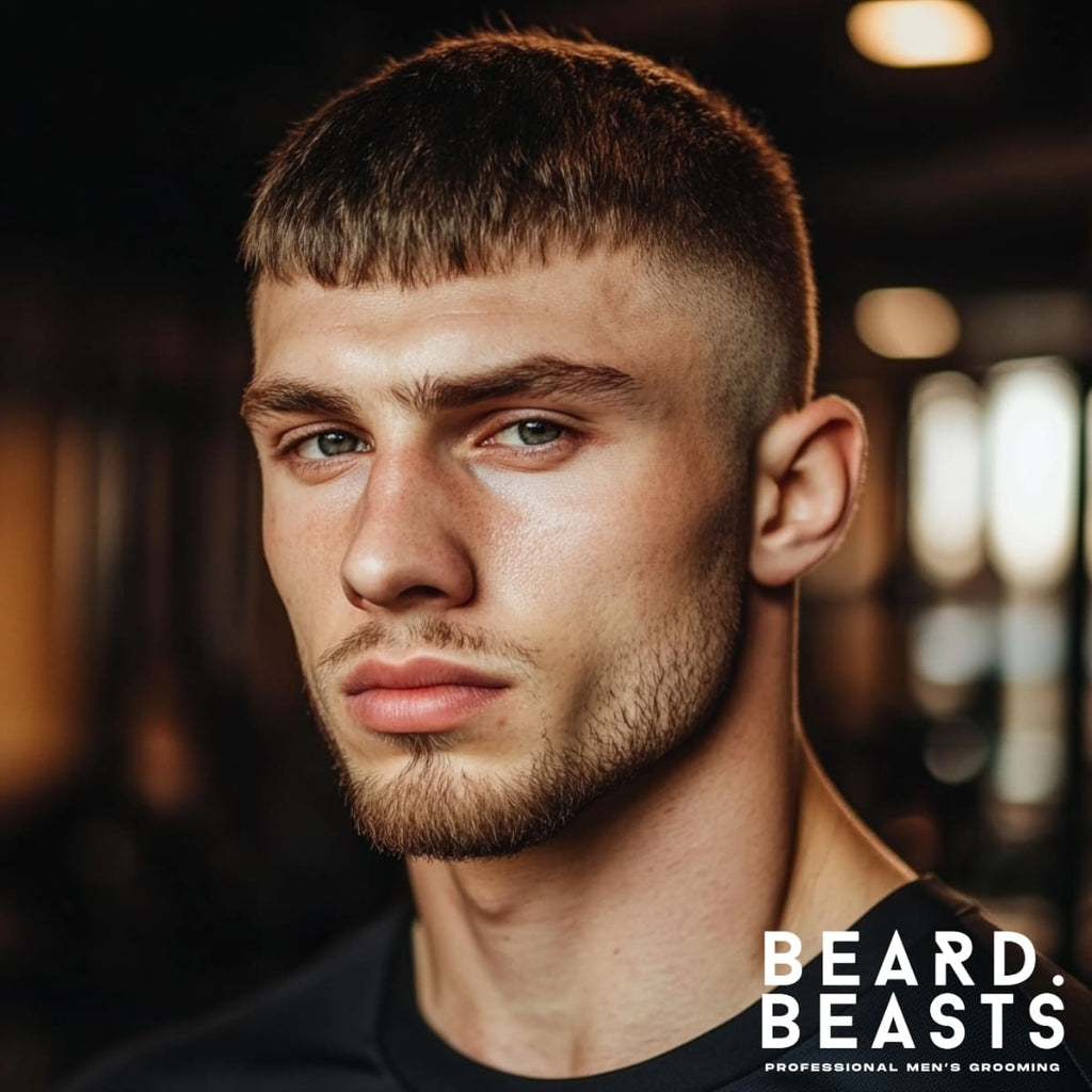 Close-up of a man with a Caesar cut hairstyle, featuring a short, even fringe and cleanly tapered sides. This classic, low-maintenance look is perfect for a sleek and modern appearance. Ideal for those seeking a sharp, professional style that works effortlessly in both casual and formal settings. The haircut highlights precision and simplicity, making it a timeless choice for any occasion