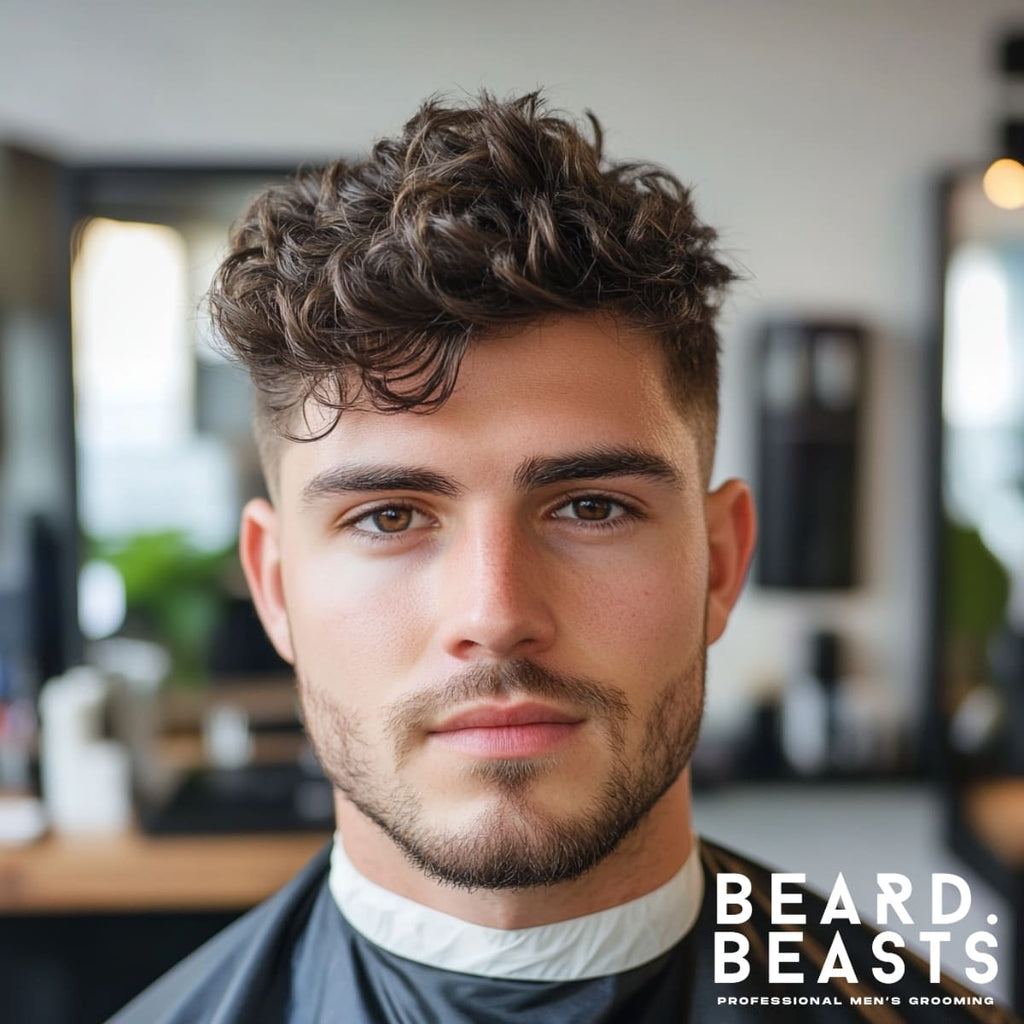 A man with a low fade textured top haircut, showcasing thick, wavy hair on top styled with a natural, tousled texture for a modern and relaxed look. The low fade begins just above the ears, blending cleanly into the longer textured top. He has a neatly groomed beard and confident expression. The background features a bright barbershop with mirrors, natural light, and subtle details, emphasizing the fresh, stylish haircut.