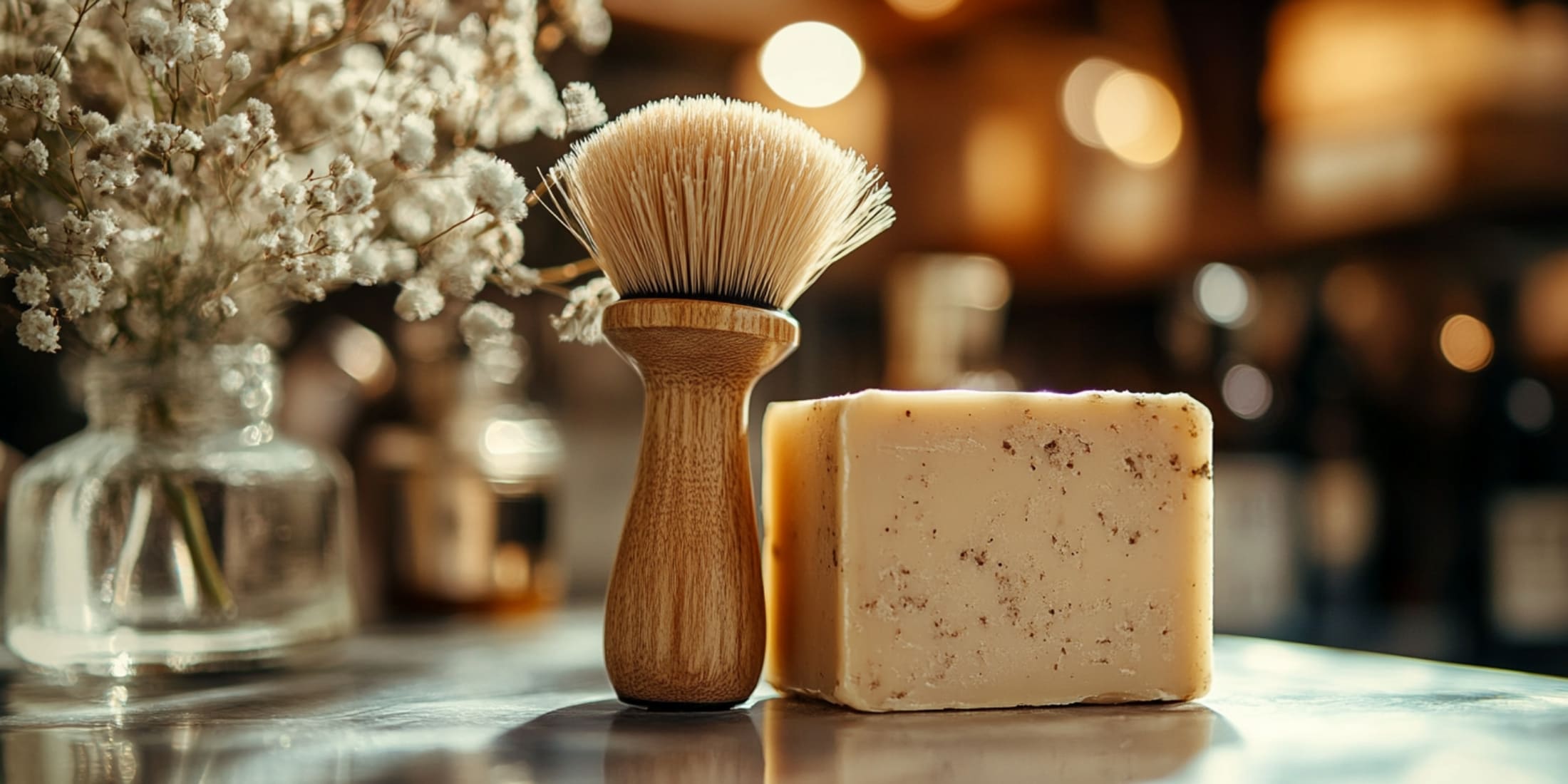 A beautifully crafted wood-handled shaving brush standing next to a block of natural shaving soap, set against a cozy, warm background with soft lighting. A vase of delicate white flowers adds a touch of elegance, capturing the timeless feel of a traditional grooming routine. Perfect for anyone learning how to use a shaving brush to achieve a luxurious and refined shaving experience.