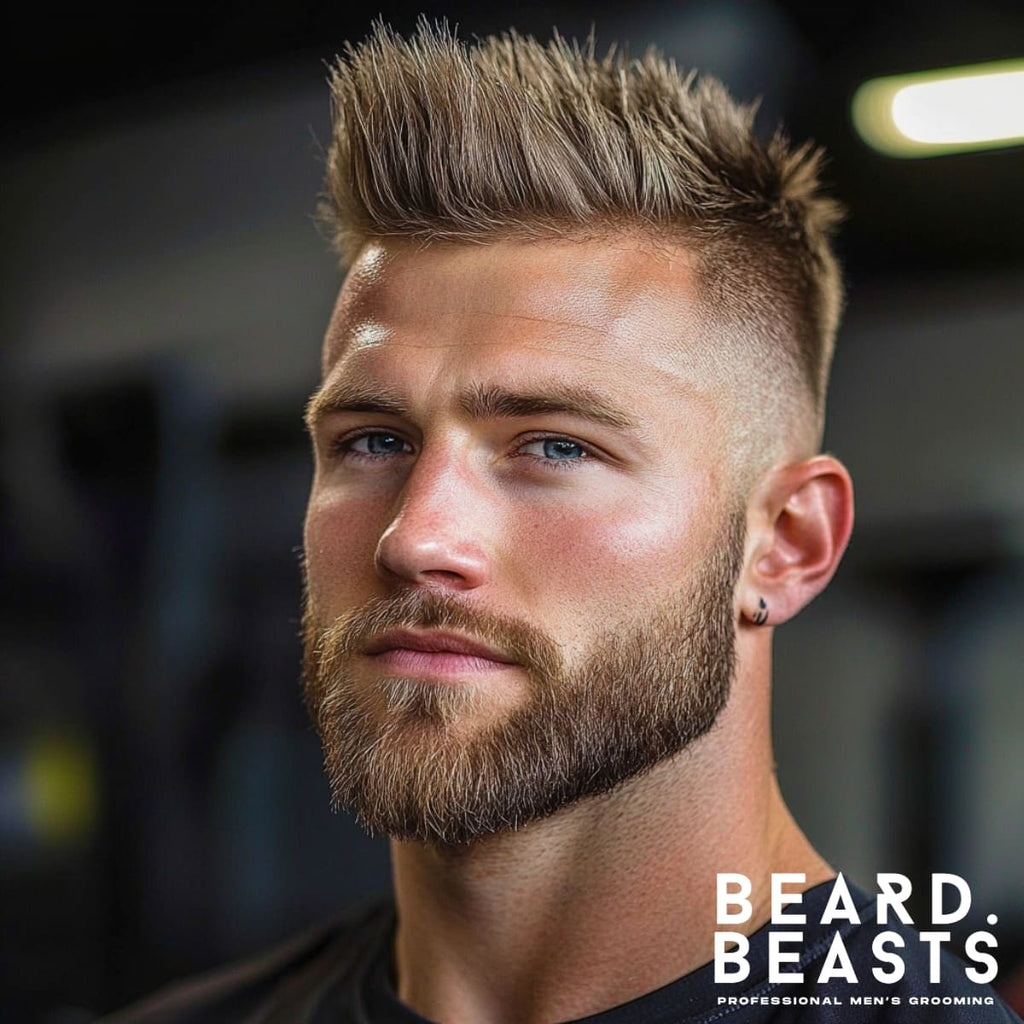 Close-up of a man with a faux hawk haircut, a bold and modern option among athletic hairstyles for men. Featuring shorter, tapered sides and a voluminous, textured top, this style adds a touch of edgy sophistication. Perfect for active individuals seeking a versatile look that transitions seamlessly from the gym to social settings. The hairstyle highlights dynamic texture and confident styling, making it a favorite for men with an athletic and trendy vibe.