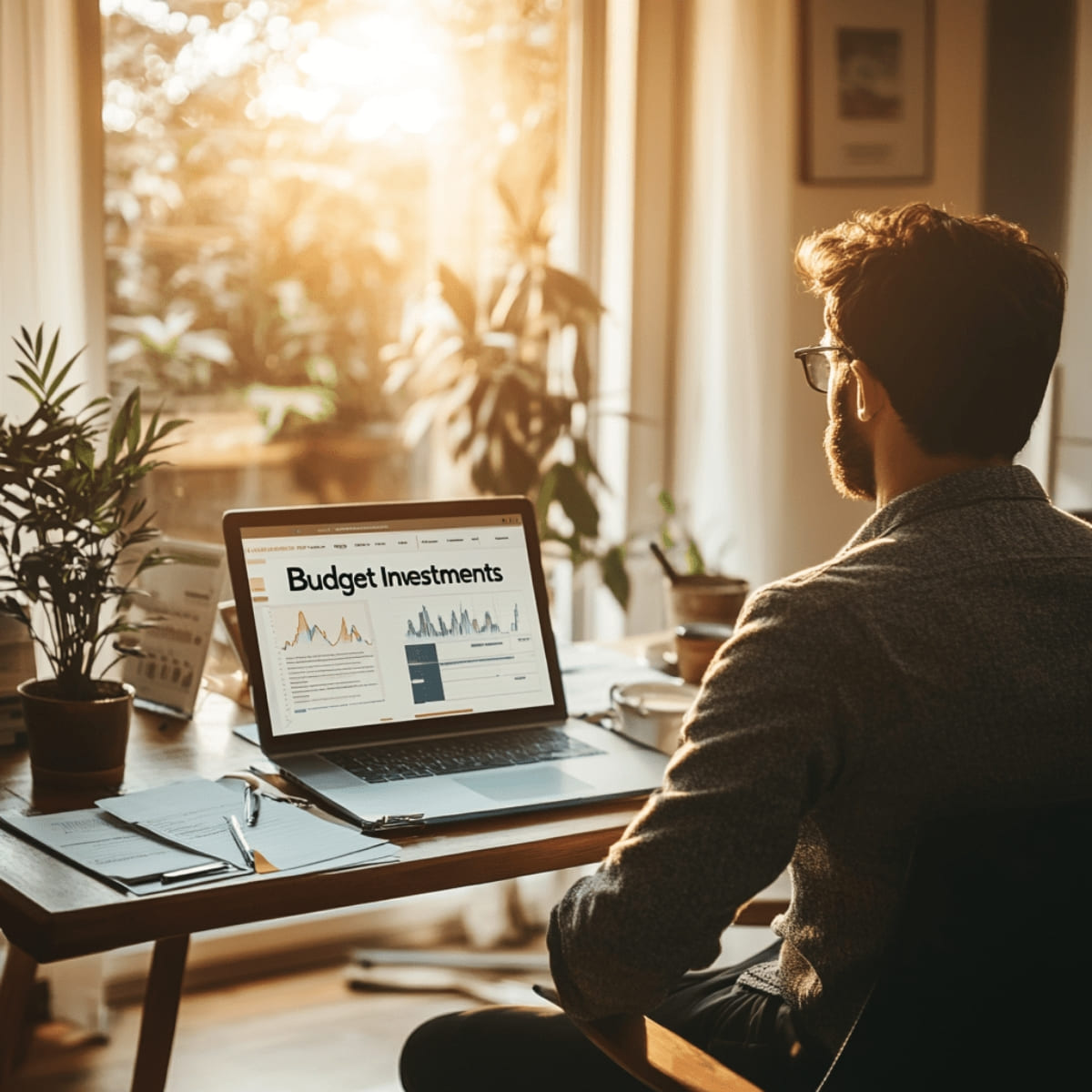 Man sitting at a desk in a sunlit home office, reviewing a laptop displaying budget and investment charts, symbolizing financial responsibility and growth.