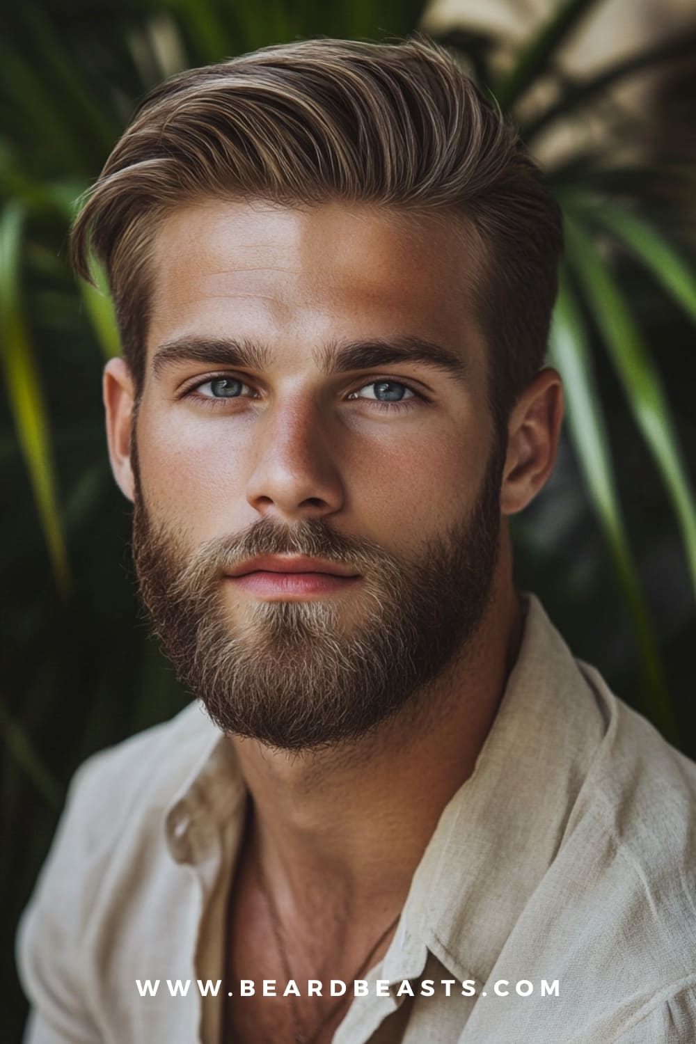 Portrait of a young man with a square face, sporting a full, well-groomed beard that enhances his strong jawline and balanced facial features. His hair is styled neatly, complementing the natural, masculine look of the beard. Set against a backdrop of greenery, this image highlights one of the best beard styles for square faces.