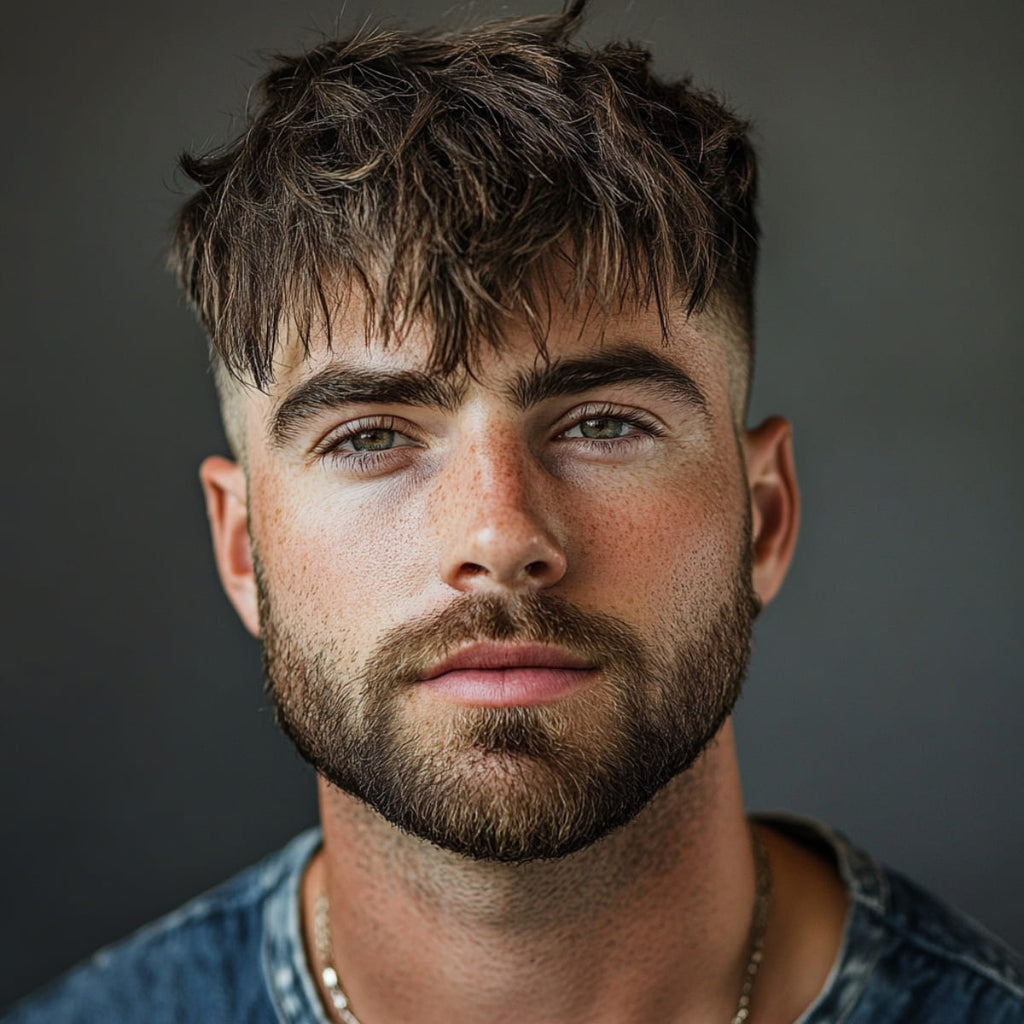 A man sporting a stylish messy fringe mid fade haircut, with textured, tousled hair falling slightly over his forehead and clean, faded sides. His neatly groomed beard complements the sharp lines of the fade, adding to his modern and edgy look. He wears a casual denim shirt and a chain necklace, exuding a confident and laid-back vibe. His piercing eyes and slightly freckled skin give him a fresh, youthful appearance, perfect for this trendy hairstyle.