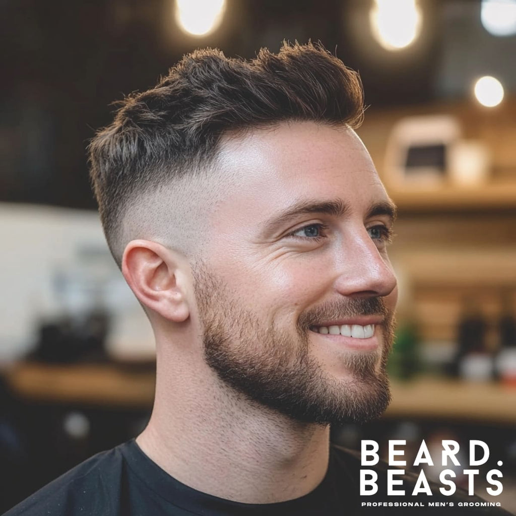 Side profile of a man with a messy short textured quiff haircut, featuring neatly faded sides and a naturally tousled top. The hairstyle combines forward-flowing texture with a voluminous quiff pushed up at the front, creating a modern and effortlessly stylish look.