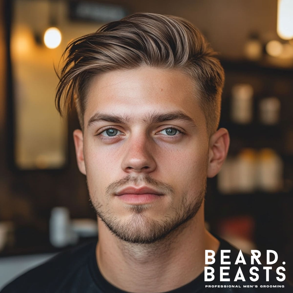 A vibrant image of a young man with neatly styled hair, featuring a relaxed, voluminous top and cleanly tapered sides. The subject has a light stubble beard, complementing his casual yet polished appearance. The background, softly blurred, hints at a modern barbershop or grooming setting, with warm tones adding a cozy and professional vibe.