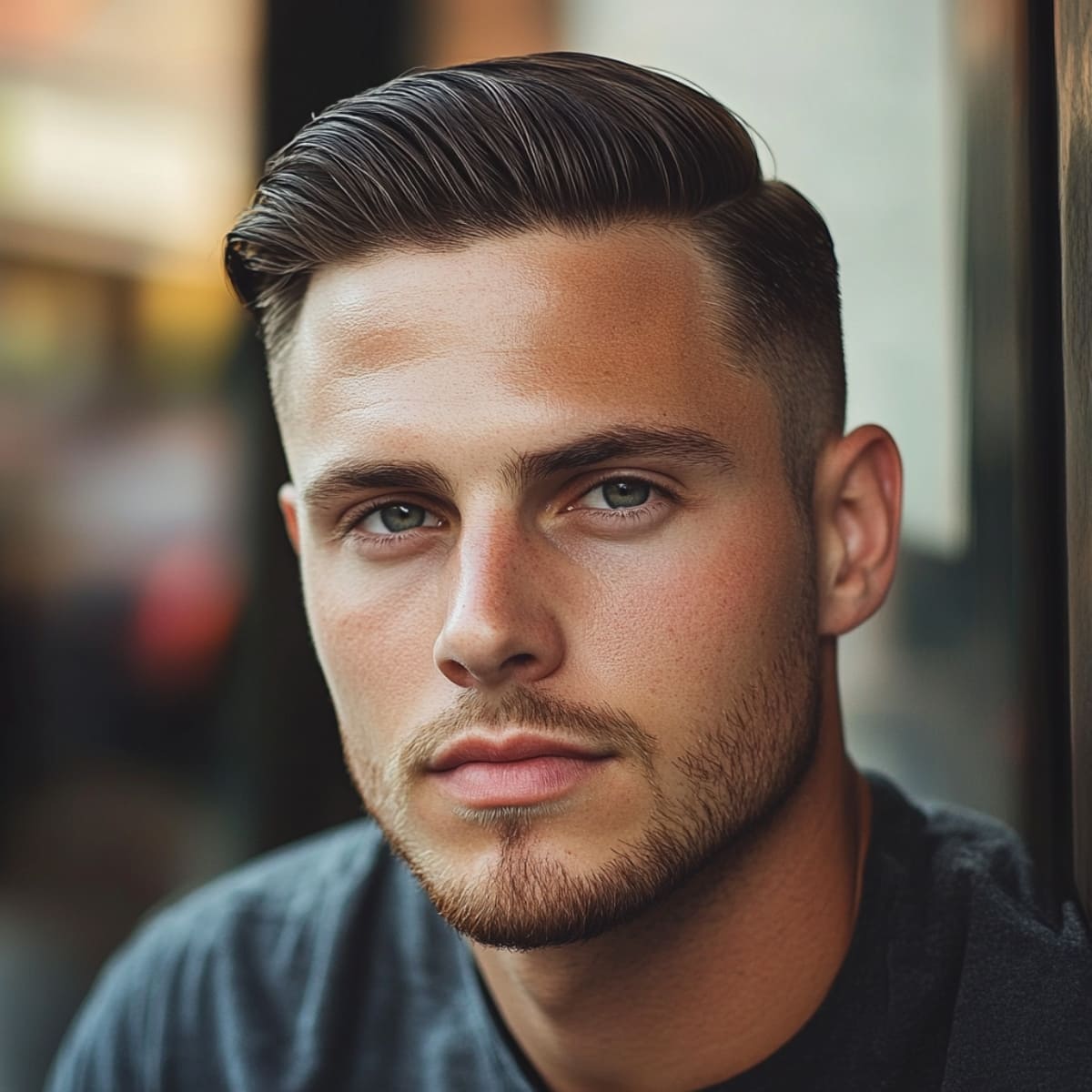 Close-up of a man sporting a sleek side part quiff hairstyle, with a defined part and voluminous top. The clean fade on the sides and subtle facial hair complete the polished, modern look.