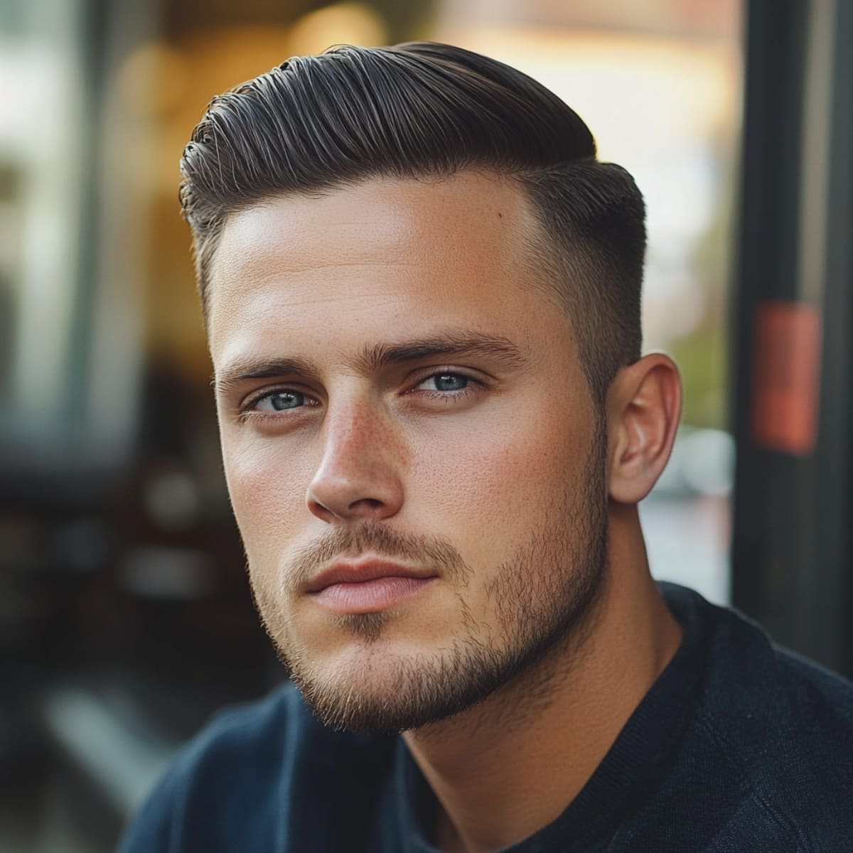 Close-up of a man with a sleek Side Part Quiff hairstyle, featuring a defined side part and a smooth, voluminous top. The clean fade on the sides and a subtle beard complement the modern, refined look.