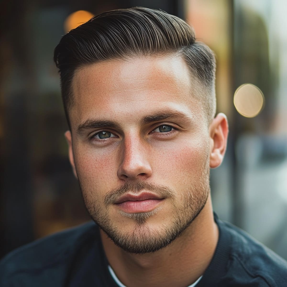 Portrait of a man with a neatly styled haircut, featuring a defined part and smooth, voluminous top. The clean fade and subtle facial hair enhance the polished and modern look.