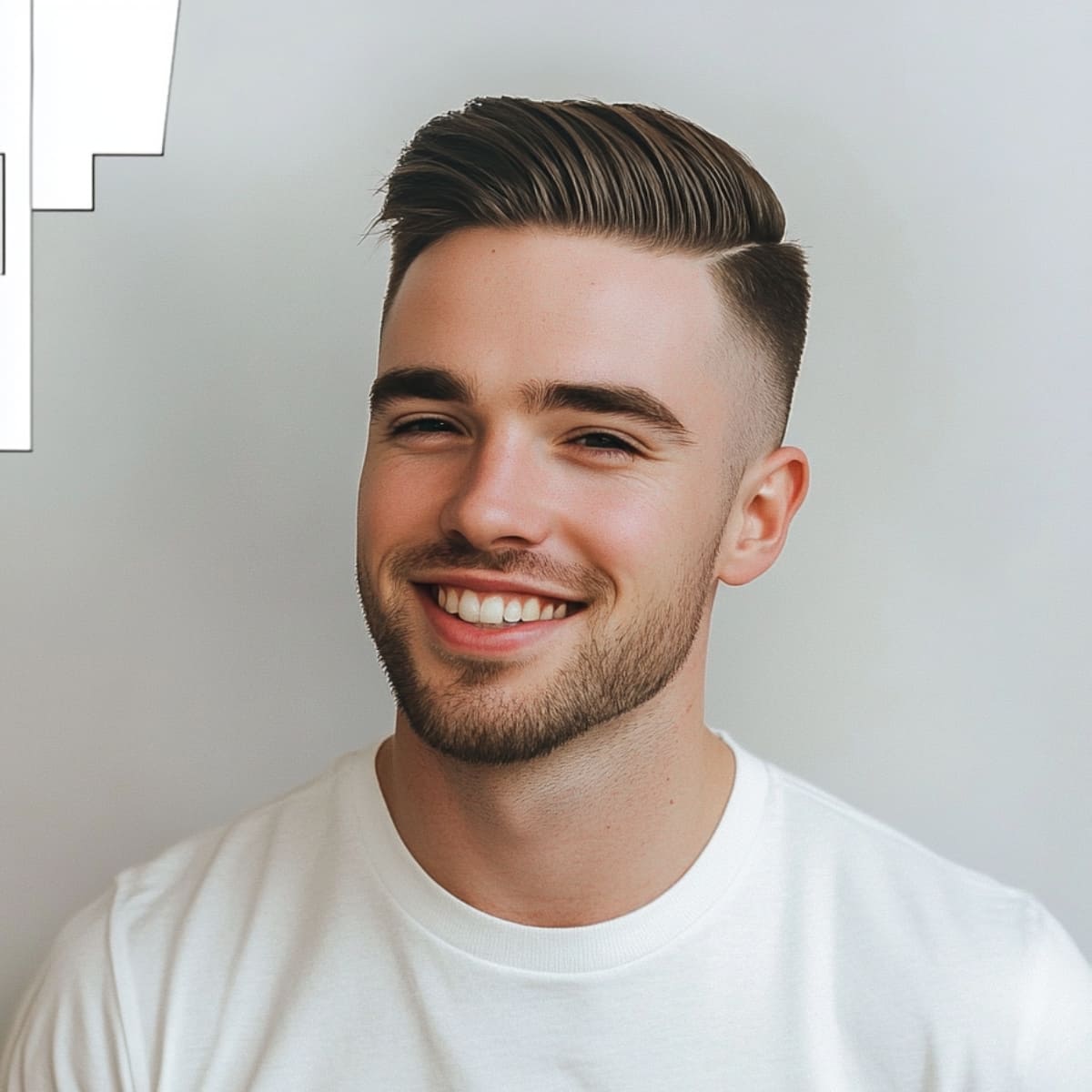 A smiling man with a neatly styled haircut, featuring a clean fade on the sides and a well-defined part on top. He is wearing a white shirt, and his hair is combed to the side, giving a polished and modern look.