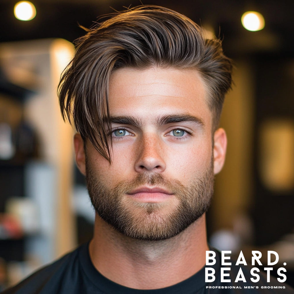 A striking image of a man with a textured high fade comb over haircut. The hairstyle features a clean high fade on the sides, blending seamlessly into a voluminous, swept-over top with a touch of natural texture. The man’s well-groomed beard adds balance and depth to his overall look. The background, softly blurred, suggests a stylish barbershop setting, with warm lighting enhancing the professional and polished atmosphere.