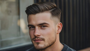 Close-up of a man with a stylish side part quiff haircut, featuring a sharp side part and voluminous top. 