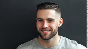 A smiling man with a skin fade side part haircut, featuring a clean fade on the sides and a defined side part. 