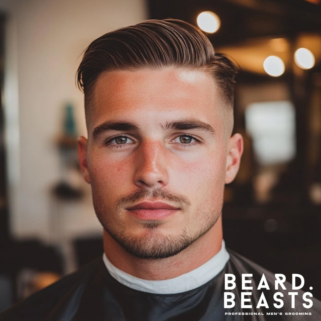 A well-lit image of a man with a fresh high fade comb over haircut. The hairstyle features a sharp high fade on the sides, seamlessly blending into a neatly combed-over top with natural volume and shine. The man has a light stubble beard, enhancing his clean and polished look. The background is softly blurred, suggesting a professional barbershop setting, with the "Beard Beasts" logo in the corner adding a professional and stylish branding touch.