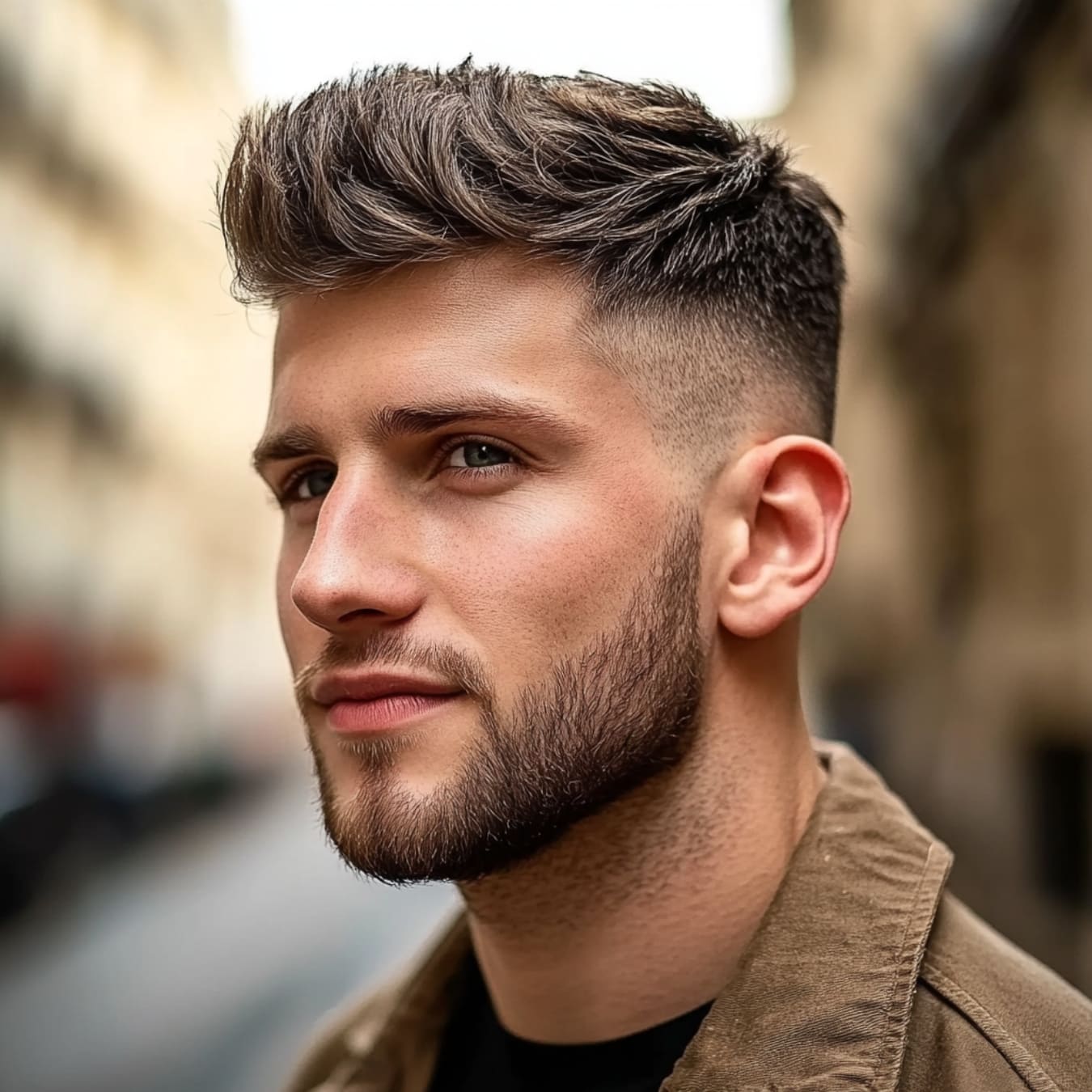 Close-up of a man sporting a stylish textured quiff haircut. His hair is neatly styled with volume on top and tapered sides, creating a fresh, modern look. Complemented by a neatly trimmed beard, the hairstyle exudes a cool and confident vibe, perfect for both casual and formal settings.