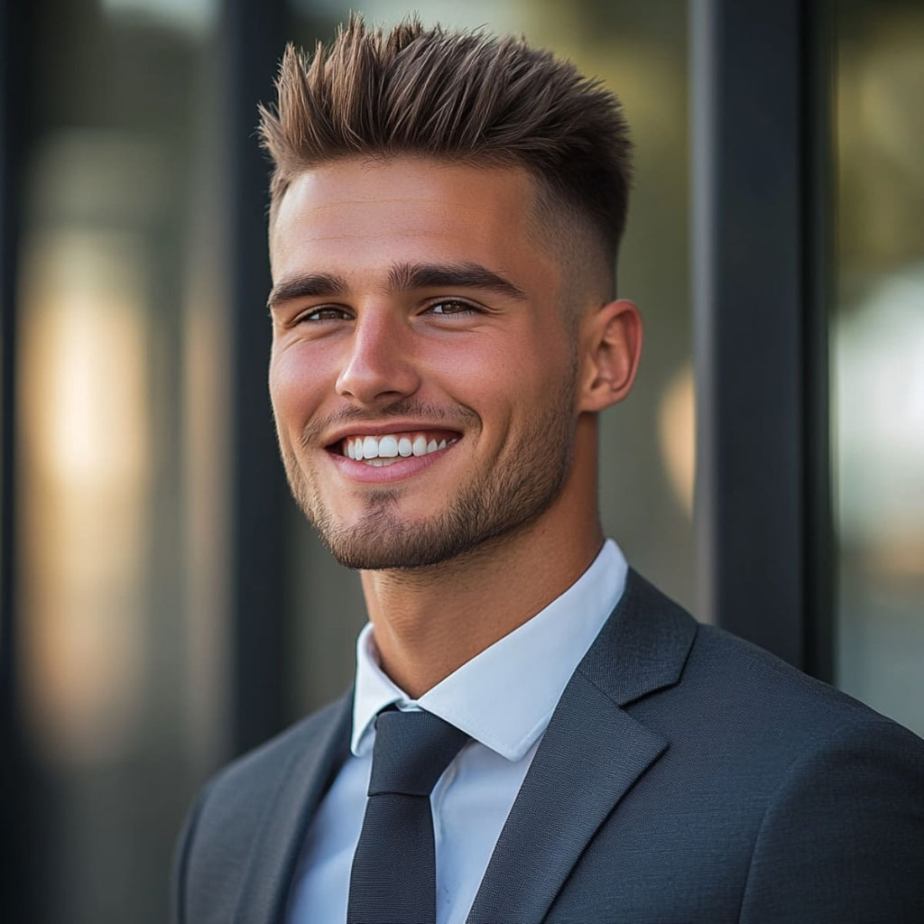 A young man smiling confidently in a formal suit and tie, standing in an outdoor setting. His hair is neatly styled with volume on top, featuring a textured, modern look. The soft background and lighting highlight his bright smile and well-groomed appearance, creating a polished and approachable vibe. His sharp, clean look complements his professional attire, giving off a friendly and stylish impression.