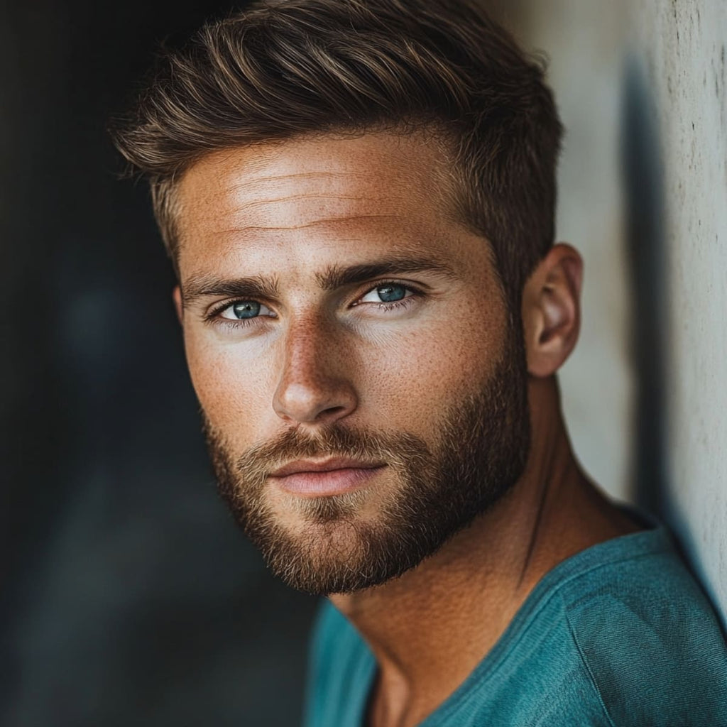 A striking portrait of a man with a well-defined short boxed beard, perfectly framing his strong jawline and accentuating his masculine features. His light brown hair is styled in a textured, tousled look, complementing his piercing blue eyes and rugged, yet polished appearance. The natural lighting highlights his smooth skin and beard, creating a balanced, clean-cut yet casual style. This image showcases the short boxed beard as a versatile and attractive grooming choice for men.