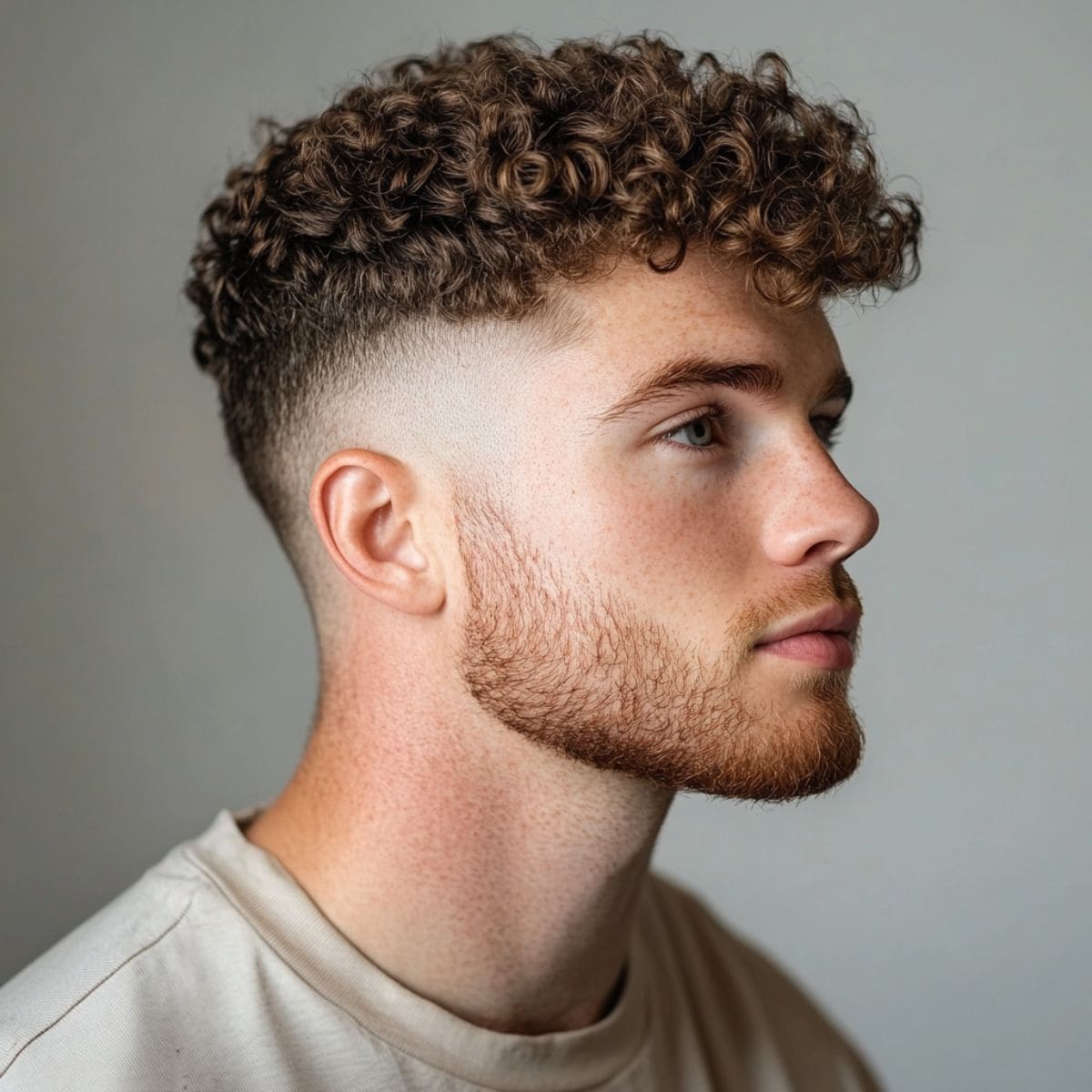 This image shows a side profile of a young man with a stylish high fade haircut, featuring short sides and curly hair on top. His beard is neatly groomed, and his expression is calm, highlighting the sharp contrast between the fade and the full texture of his curls. The overall look is clean and modern.