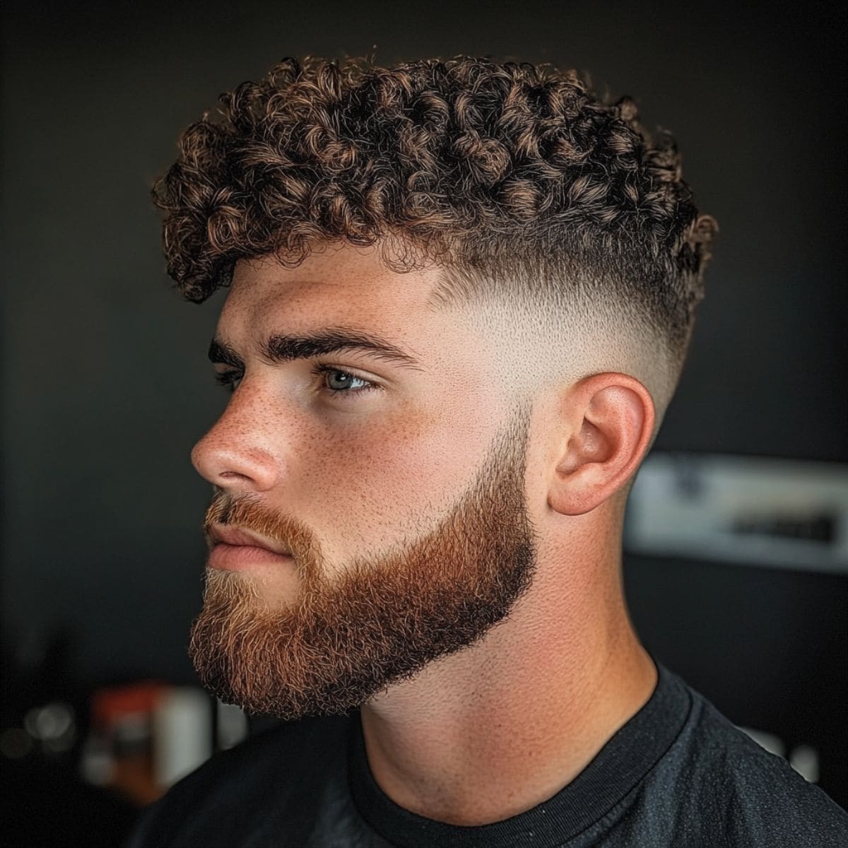 A man with a well-groomed beard and a stylish haircut, showcasing defined curls on top and clean, sharply faded sides.