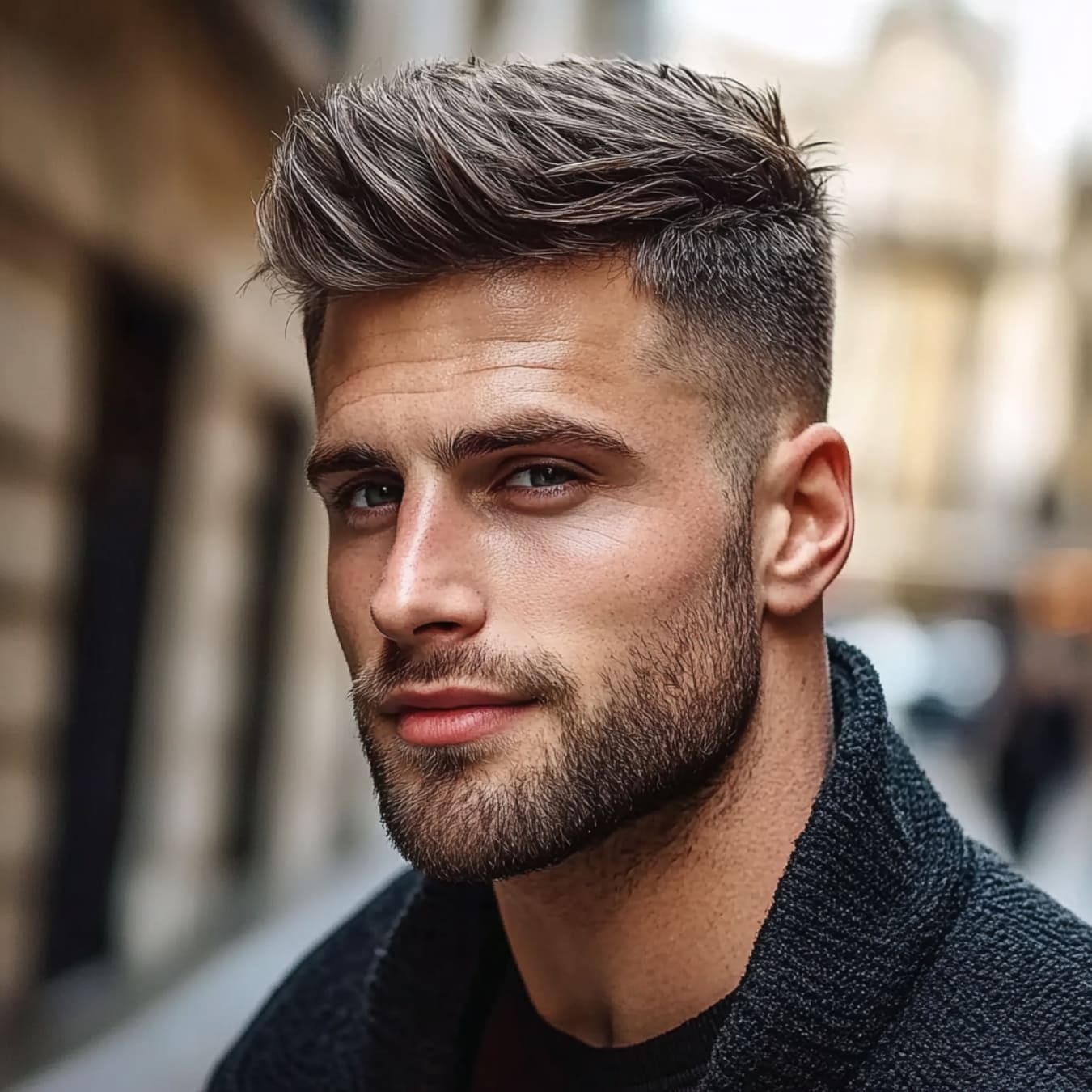 Portrait of a man with a sharp textured quiff hairstyle. His hair is styled with volume and movement at the top, blending into a clean fade on the sides. The look is paired with a well-groomed beard, creating a striking, modern appearance that's both refined and effortlessly cool, set against an urban background.