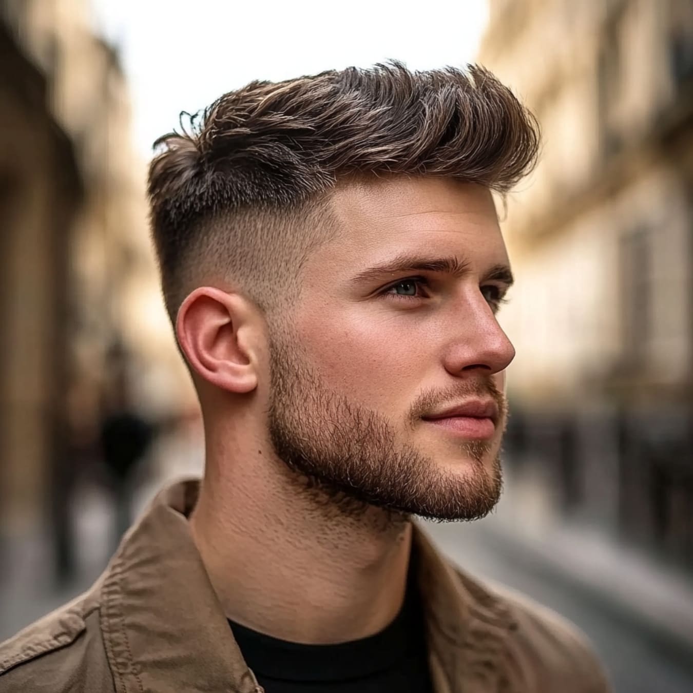 A side profile of a young man with a stylish haircut featuring voluminous, textured hair on top and neatly faded sides. His well-groomed beard adds to his polished and contemporary appearance, set against a blurred city street background, giving a casual yet confident vibe.