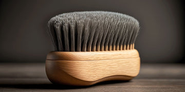 Close-up of a soft bristle beard brush with a wooden handle, highlighting the benefits of brushing your beard. 