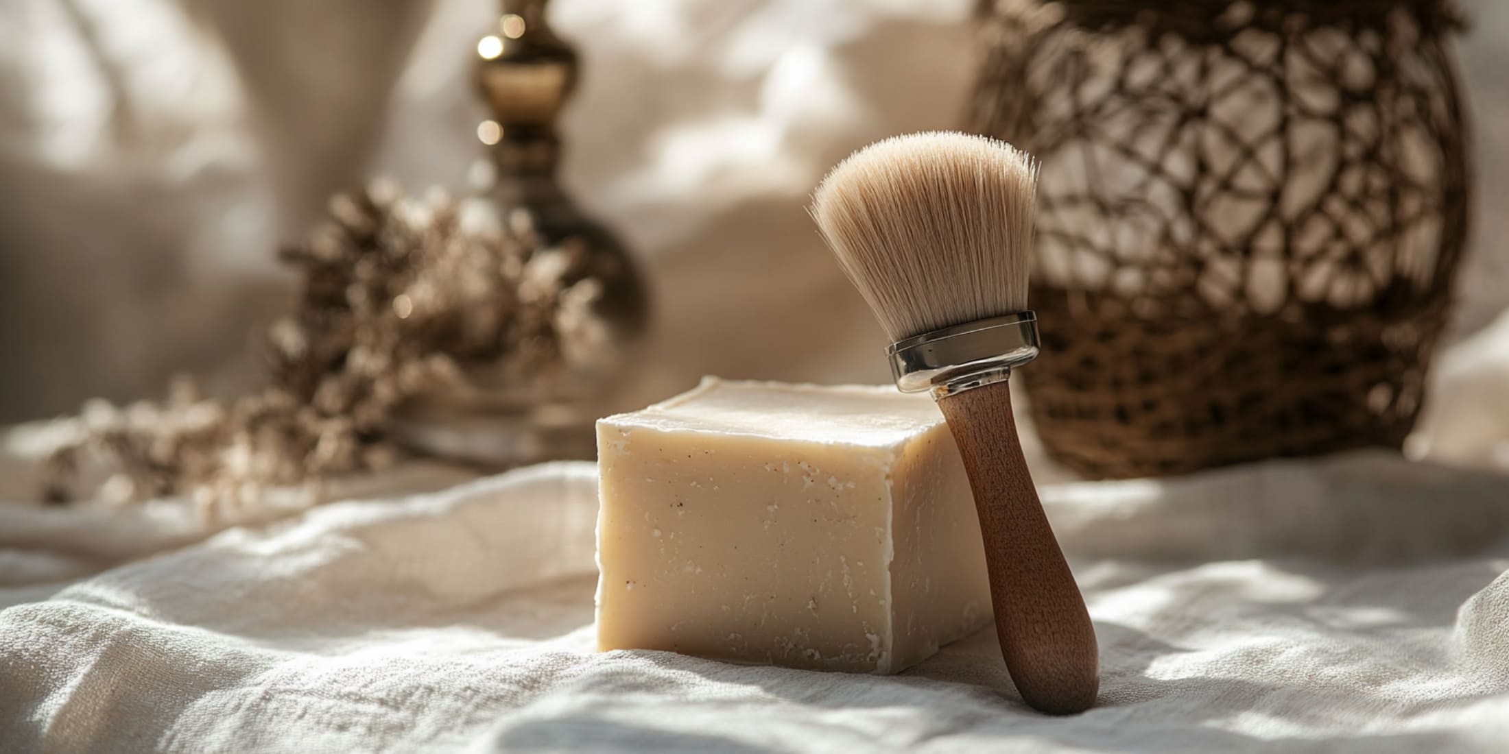 Elegant wood-handled shaving brush with soft bristles placed next to a block of traditional shaving soap, both sitting on a light fabric in warm, natural sunlight. The scene captures the essence of a classic grooming ritual, perfect for those learning how to use a shaving brush for a luxurious and smooth shave.